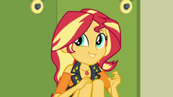 Size: 480x270 | Tagged: safe, derpibooru import, screencap, sunset shimmer, driving miss shimmer, equestria girls, equestria girls series, animated, cute, looking around, shimmerbetes, smiling, solo