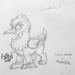Size: 2114x2115 | Tagged: safe, artist:binkyt11, derpibooru import, oc, oc:grandenza, unofficial characters only, gryphon, dreamworks face, female, green heron, monochrome, munchkin, practice, short, short legs, solo, traditional art