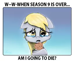 Size: 2000x1670 | Tagged: safe, artist:chopsticks, derpibooru import, derpy hooves, pegasus, pony, season 9, spoiler:s09, bronybait, crying, cute, derpabetes, dialogue, end of ponies, female, food, g5 drama, harsher in hindsight, in-universe pegasister, looking at you, muffin, sad, sad in hindsight, sadorable, series finale blues, simple background, solo, text, weapons-grade cute