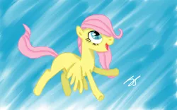 Size: 1280x800 | Tagged: safe, artist:perplexedpegasus, derpibooru import, fluttershy, pegasus, pony, amazed, blank flank, female, filly, filly fluttershy, flying, hair over one eye, looking up, open mouth, smiling, solo, spread wings, wings, younger