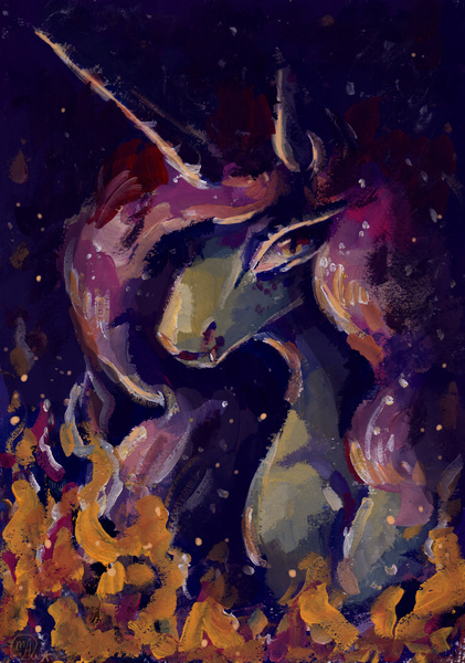 Size: 1721x2454 | Tagged: safe, artist:kimsteinandother, derpibooru import, princess luna, pony, bust, fire, portrait, solo, traditional art