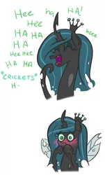 Size: 381x632 | Tagged: artist:jargon scott, blushing, changeling, changeling noises, changeling queen, chirping, comic, cute, cutealis, cute bug noises, derpibooru import, embarrassed, female, laughing, queen chrysalis, safe, simple background, solo, white background