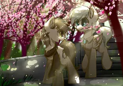 Size: 2000x1400 | Tagged: safe, artist:heddopen, derpibooru import, oc, oc:diamond frost, oc:noot, unofficial characters only, earth pony, pegasus, pony, cherry blossoms, clothes, dianoot, ear fluff, female, flower, flower blossom, jewel, looking back, male, mare, oc x oc, scarf, shipping, stallion, tree, walking, wings