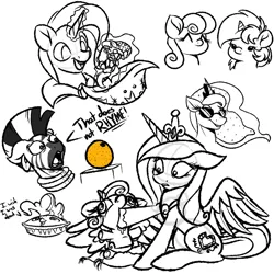 Size: 1024x1024 | Tagged: safe, artist:witchtaunter, derpibooru import, pinkie pie, princess cadance, princess flurry heart, princess luna, trixie, zecora, alicorn, earth pony, pony, unicorn, zebra, clothes, crown, dialogue, diaper, drool, faic, female, foal, food, hat, jewelry, magic, magic trick, mare, micro, orange, panic, pie, pillow, regalia, self ponidox, sunglasses, telekinesis, transformation, trixie's hat