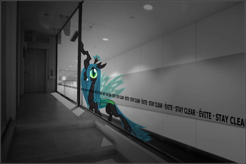 Size: 1400x933 | Tagged: alternate version, artist:dantheman, artist:weegeestareatyou, blurred background, corridor, court, depth of field, derpibooru import, edit, english, evil grin, fanfic, fanfic art, fanfic:chrysalis visits the hague, fimfiction, fimfiction.net link, french, glass, grin, implied twilight sparkle, jail, laughing, looking at you, perspective, photoshop, prison, prisoner, queen chrysalis, safe, smiling, text, trial, vector, vector edit, window