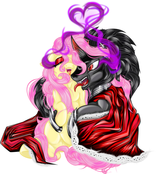 Size: 1920x2145 | Tagged: safe, artist:dimidiummorsumbra, derpibooru import, fluttershy, king sombra, pony, clothes, corrupted, download at source, female, male, shipping, simple background, sombrashy, straight, tickling, transparent background