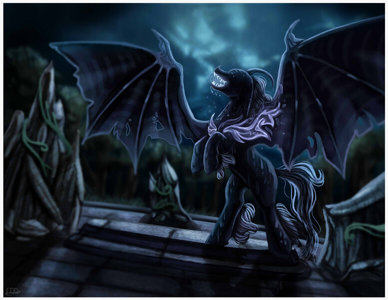 Size: 1024x791 | Tagged: safe, artist:crazydragonqueen, derpibooru import, pony of shadows, alicorn, pony, shadow play, fangs, intimidating, male, rearing, solo, spread wings, stallion, wings