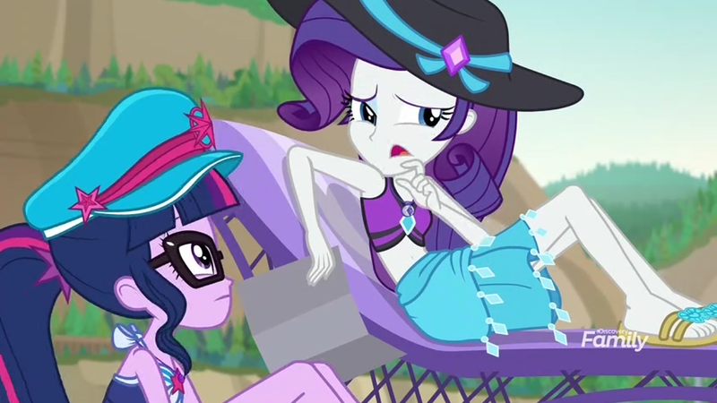 Size: 1280x720 | Tagged: safe, derpibooru import, screencap, rarity, sci-twi, twilight sparkle, equestria girls, equestria girls series, forgotten friendship, animation error, clothes, duo, feet, hat, sandals, swimsuit