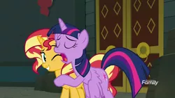 Size: 1920x1080 | Tagged: safe, derpibooru import, screencap, sunset shimmer, twilight sparkle, twilight sparkle (alicorn), alicorn, pony, equestria girls, equestria girls series, forgotten friendship, animation error, discovery family logo, out of context