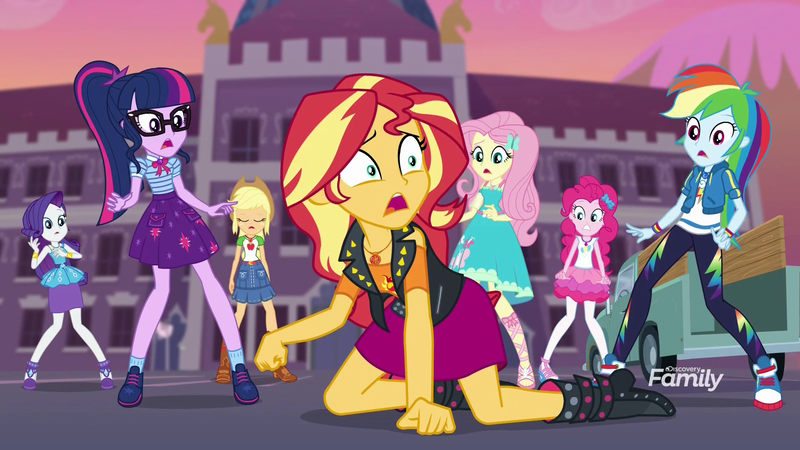 Size: 1920x1080 | Tagged: safe, derpibooru import, screencap, applejack, fluttershy, pinkie pie, rainbow dash, rarity, sci-twi, sunset shimmer, twilight sparkle, equestria girls, equestria girls series, forgotten friendship, boots, clothes, converse, discovery family logo, eyes closed, glasses, hoofhands, humane five, humane seven, humane six, humans doing horse things, mane six, mind rape, pantyhose, ponytail, shoes, skirt, sneakers