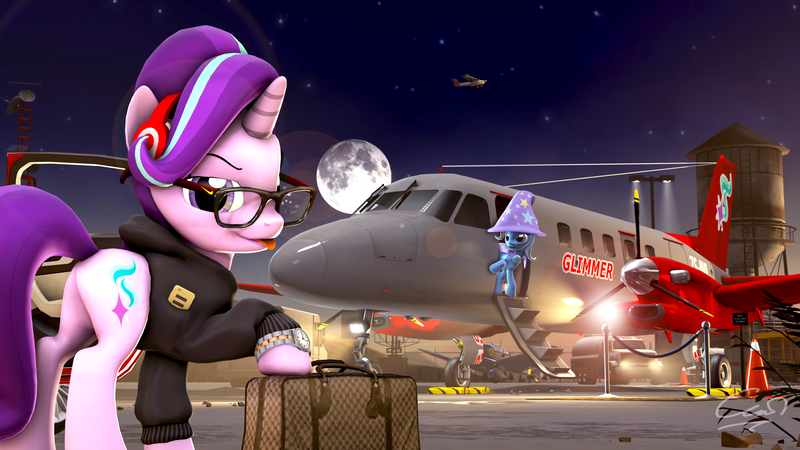 Size: 7680x4320 | Tagged: safe, artist:calveen, derpibooru import, starlight glimmer, trixie, unicorn, 3d, absurd resolution, bag, car, chromatic aberration, clothes, female, glasses, headphones, hoodie, iphone, looking at you, mare, moon, night, plane, plant, plot, raised hoof, rich, rock, scenebuild, sky, source filmmaker, stars, tongue out, truck, watch