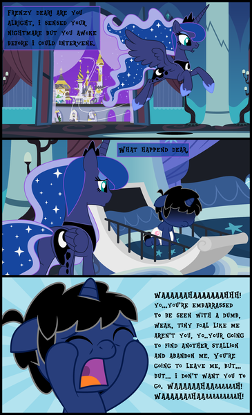 Size: 5598x9196 | Tagged: safe, artist:evilfrenzy, derpibooru import, princess luna, oc, oc:frenzy, alicorn, pony, absurd resolution, age regression, baby, baby pony, colt, conic:night terror, crib, crying, diaper, foal, male, maternaluna, motherly, pacifier