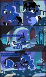 Size: 5598x9196 | Tagged: safe, artist:evilfrenzy, derpibooru import, princess luna, oc, oc:frenzy, alicorn, pony, absurd resolution, age regression, baby, baby pony, colt, comforting, conic:night terror, crib, crying, diaper, female, foal, male, maternaluna, motherly, pacifier