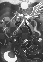 Size: 2116x3014 | Tagged: abstract background, alicorn, artist needed, checkerboard, derpibooru import, duo, elements of harmony, female, grayscale, lidded eyes, long horn, mare, monochrome, moon, princess celestia, princess luna, safe, simple background, source needed, spread wings, sun, wings