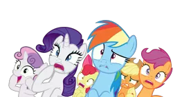 Size: 5333x3000 | Tagged: safe, artist:sollace, derpibooru import, apple bloom, applejack, rainbow dash, rarity, scootaloo, sweetie belle, earth pony, pegasus, pony, unicorn, campfire tales, .svg available, confused, cringing, cutie mark crusaders, gasping, happy, lip bite, open mouth, scared, shocked, simple background, transparent background, varying degrees of want, vector