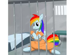 Size: 3446x2461 | Tagged: artist:neoshrek, bed, bound wings, clothes, cuffs, dead source, derpibooru import, digital art, jail, prison, prisoner, prisoner rd, prison outfit, rainbow dash, rope, safe, shackles, solo