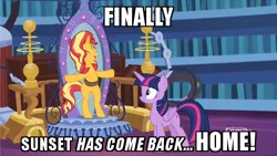 Size: 600x339 | Tagged: safe, derpibooru import, screencap, sunset shimmer, twilight sparkle, twilight sparkle (alicorn), alicorn, pony, equestria girls, equestria girls series, forgotten friendship, bipedal, discovery family logo, horses doing human things, image macro, in the human world for too long, magic mirror, meme, the rock