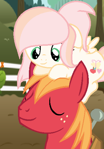 Size: 342x488 | Tagged: safe, artist:pastelmlpdrawings, derpibooru import, big macintosh, oc, oc:golden heart, earth pony, pegasus, pony, base used, father and daughter, female, filly, male, offspring, parent:big macintosh, parent:fluttershy, parents:fluttermac, pony hat, stallion