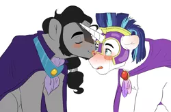 Size: 1523x1000 | Tagged: artist:miatsukyyy, blushing, blush sticker, broken horn, derpibooru import, divorce, gay, good end, good king sombra, king sombra, king sombra gets all the stallions, kissing, kiss on the cheek, male, reformed sombra, safe, shining armor, shiningsombra, shipping, simple background, teary eyes, white background