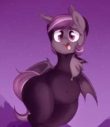 Size: 850x981 | Tagged: suggestive, artist:toroitimu, derpibooru import, oc, oc:iris, unofficial characters only, bat pony, bat pony oc, belly, belly button, bodysuit, chest fluff, chubby, female, mare, plump, simple background, zipper