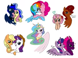 Size: 1890x1417 | Tagged: safe, artist:donkeyinthemiddle, derpibooru import, applejack, fluttershy, pinkie pie, princess celestia, princess luna, rainbow dash, rarity, tempest shadow, twilight sparkle, twilight sparkle (alicorn), ponified, alicorn, earth pony, pegasus, pony, unicorn, my little pony: the movie, amy rose, blush sticker, blushing, dialogue, female, heart, lesbian, looking at each other, lunashy, magic, mane six, mare, pinkiedash, question mark, rarijack, sally acorn, shipping, smiling, sonic the hedgehog (series), tempestlight