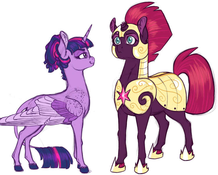 Size: 2500x2000 | Tagged: safe, artist:gigason, derpibooru import, tempest shadow, twilight sparkle, twilight sparkle (alicorn), alicorn, pony, unicorn, my little pony: the movie, colored hooves, duo, ear fluff, female, leonine tail, lidded eyes, mare, royal guard, simple background, smiling, tempest becomes a royal guard, white background