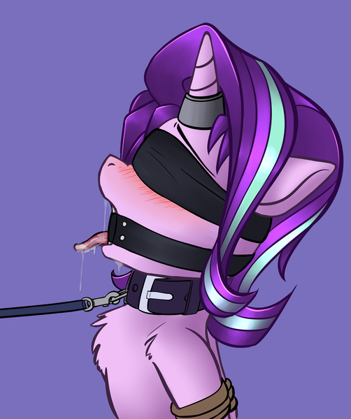 Size: 2054x2456 | Tagged: suggestive, artist:duop-qoub, derpibooru import, starlight glimmer, pony, unicorn, arm behind back, blindfold, blushing, bondage, chest fluff, collar, drool, drool string, female, femsub, gag, horn ring, leash, magic suppression, mare, pet glimmer, purple background, ring gag, rope, rope bondage, simple background, solo, solo female, sublight glimmer, submissive, tongue out