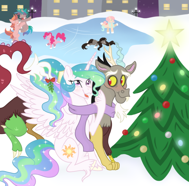 Size: 1013x1000 | Tagged: safe, artist:sunbutt-worshipper, derpibooru import, discord, princess celestia, christmas, christmas tree, clothes, dislestia, female, holiday, ice, ice skating, male, scarf, shared clothing, shared scarf, shipping, snow, straight, tree