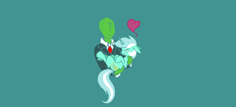 Size: 1837x833 | Tagged: safe, artist:doppiedoo, derpibooru import, lyra heartstrings, oc, oc:anon, unofficial characters only, human, pony, blushing, clothes, female, heart, holding a pony, male, necktie, simple background, straight, suit, teal background