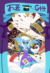 Size: 517x756 | Tagged: safe, derpibooru import, screencap, trixie, equestria girls, equestria girls series, forgotten friendship, clothes, cutie mark clothes, dress, jacket, jewelry, joker, magic, magic show, magic trick, magic wand, necklace, playing card, poster, solo