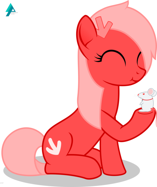 Size: 2000x2390 | Tagged: safe, artist:arifproject, derpibooru import, oc, oc:downvote, ponified, unofficial characters only, mouse, pony, derpibooru, derpibooru ponified, eyes closed, holding, meta, simple background, sitting, smiling, solo, transparent background, vector