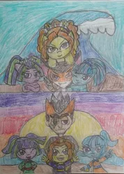 Size: 753x1060 | Tagged: safe, artist:tobiisabunny, derpibooru import, adagio dazzle, aria blaze, sonata dusk, oc, oc:dante the savage imp, siren, equestria girls, colored pencil drawing, female, sunset, traditional art, wave, younger