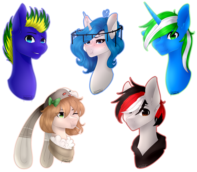 Size: 3225x2805 | Tagged: safe, artist:knaranayama, derpibooru import, oc, oc:broken dreams, oc:igames, oc:kihha osayustu, oc:mayary, oc:night fury, unofficial characters only, pony, unicorn, bust, clothes, female, high res, male, mare, portrait, simple background, stallion, white background