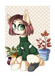 Size: 1024x1419 | Tagged: safe, artist:ten-dril, derpibooru import, oc, unofficial characters only, pony, cat socks, clothes, female, flower pot, glasses, mare, plant, sitting, solo, sweater