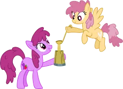 Size: 4149x3000 | Tagged: safe, artist:cloudyglow, derpibooru import, berry punch, berryshine, dizzy twister, orange swirl, earth pony, pegasus, pony, a hearth's warming tail, background pony, cider, duo, female, flying, mare, mug, simple background, tankard, transparent background, vector