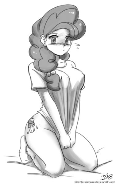 Size: 1000x1587 | Tagged: artist:johnjoseco, ass, blushing, bottomless, breasts, busty sugar belle, clothes, cute, cutie mark on human, derpibooru import, erect nipples, female, grayscale, human, humanized, kneeling, looking at you, monochrome, nipple outline, nipples, nudity, partial nudity, sexy, shirt, shirt pull, solo, solo female, sugar belle, sugarbetes, suggestive