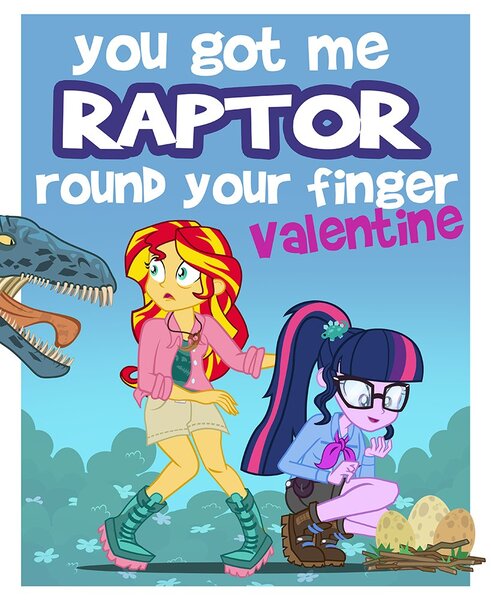 Size: 818x1000 | Tagged: safe, artist:pixelkitties, derpibooru import, sci-twi, sunset shimmer, twilight sparkle, dinosaur, velociraptor, equestria girls, egg, female, holiday, jurassic park, lesbian, scitwishimmer, shipping, sunsetsparkle, valentine's day