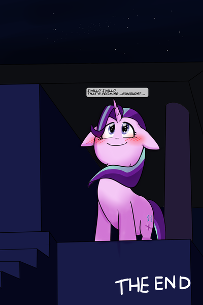 Size: 1200x1800 | Tagged: safe, artist:zouyugi, derpibooru import, starlight glimmer, pony, unicorn, comic:confession, blushing, comic, dialogue, grammar error, looking up, night, smiling, solo