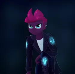 Size: 1410x1395 | Tagged: safe, artist:xethshade, derpibooru import, tempest shadow, equestria girls, my little pony: the movie, alternate hairstyle, black background, boots, clothes, ear piercing, earring, equestria girls-ified, female, jacket, jewelry, leather jacket, piercing, shoes, simple background, solo