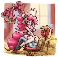 Size: 1200x1159 | Tagged: suggestive, artist:king-kakapo, derpibooru import, big macintosh, pinkie pie, anthro, earth pony, blushing, bow, bra, breasts, busty pinkie pie, cleavage, clothes, dress, female, frilly dress, frilly underwear, hair bow, image, imminent sex, male, panties, pinkie being pinkie, pinkie physics, pinkiemac, png, ponytail, shipping, stockings, straight, thigh highs, underwear, undressing