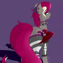 Size: 2048x2048 | Tagged: safe, artist:epicenehs, derpibooru import, oc, oc:ichora, unofficial characters only, bat pony, changeling, changeling oc, clothes, costume, looking back, purple changeling, skeleton costume, solo, transformation