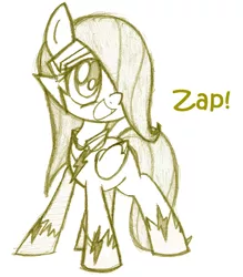 Size: 1052x1200 | Tagged: safe, artist:lilboulder-cloudsdalefillies, derpibooru import, fluttershy, zapp, pegasus, pony, female, filly, filly fluttershy, hair over one eye, monochrome, open mouth, power ponies, simple background, sketch, smiling, solo, superhero, text, white background, younger