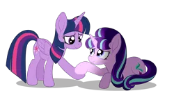 Size: 3902x2043 | Tagged: safe, artist:squipycheetah, derpibooru import, starlight glimmer, twilight sparkle, twilight sparkle (alicorn), alicorn, unicorn, the cutie re-mark, cute, duo, duo female, female, forgiveness, holding hooves, leaning, lying down, redemption, simple background, transparent background