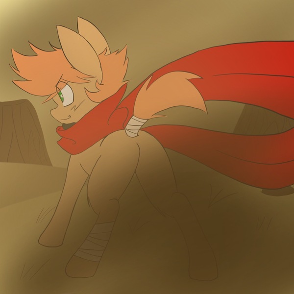 Size: 1200x1200 | Tagged: safe, artist:steelsoul, derpibooru import, oc, oc:himmel, bandage, clothes, colt, desert, dramatic pose, featureless crotch, herocolt, male, plot, scarf