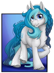 Size: 1128x1534 | Tagged: safe, artist:mythpony, derpibooru import, oc, oc:bubble lee, unofficial characters only, pony, unicorn, female, freckles, gift art, looking at you, mare, raised hoof, smiling, solo, unshorn fetlocks