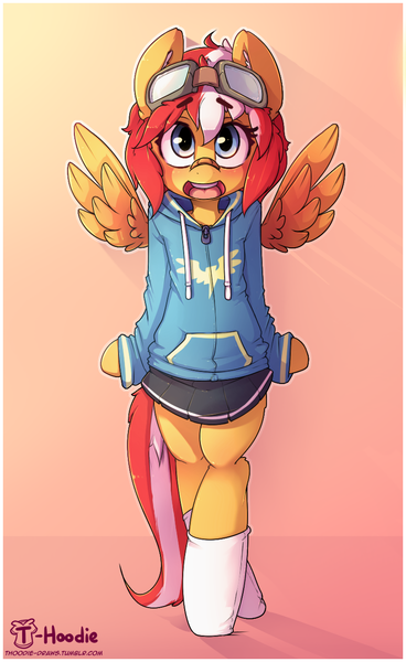 Size: 797x1300 | Tagged: safe, artist:apony, derpibooru import, oc, oc:tailspin, unofficial characters only, pegasus, semi-anthro, arm hooves, bandaid, bipedal, clothes, cute, female, goggles, hoodie, ocbetes, open mouth, pleated skirt, short skirt, skirt, skirt lift, smiling, socks, solo, spread wings, wings