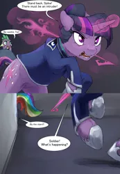 Size: 1976x2858 | Tagged: safe, artist:silfoe, derpibooru import, rainbow dash, spike, twilight sparkle, dragon, pony, unicorn, moonsetmlp, alternate timeline, alternate universe, clothes, comic, dialogue, female, glowing horn, horse teeth, magic, magic arrow, magic weapon, male, mare, nightmare takeover timeline, slit eyes, speech bubble, unicorn twilight, uniform