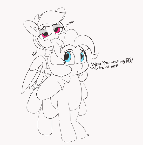 Size: 5255x5314 | Tagged: suggestive, artist:pabbley, derpibooru import, pinkie pie, rainbow dash, pony, 30 minute art challenge, absurd resolution, blushing, cute, dashabetes, dialogue, diapinkes, implied lesbian, implied pinkiedash, implied shipping, partial color, ponies riding ponies