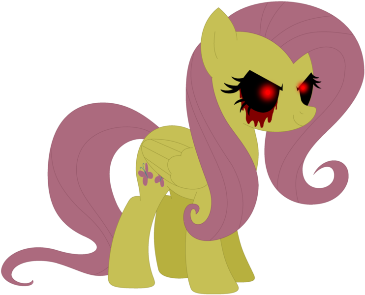 Size: 1024x828 | Tagged: semi-grimdark, artist:ra1nb0wk1tty, derpibooru import, fluttershy, pegasus, pony, black sclera, blood, female, glowing eyes, mare, simple background, smiling, solo, transparent background