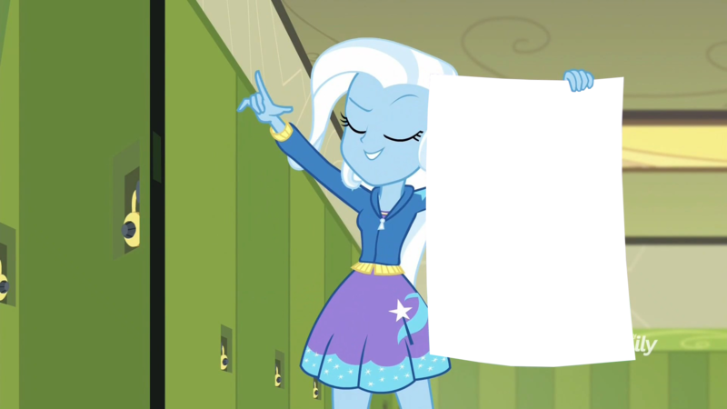 Size: 1920x1080 | Tagged: safe, derpibooru import, edit, edited screencap, screencap, trixie, equestria girls, equestria girls series, forgotten friendship, canterlot high, clothes, discovery family logo, eyes closed, hallway, hoodie, lockers, meme, meme template, poster, skirt, solo, template, trixie's poster